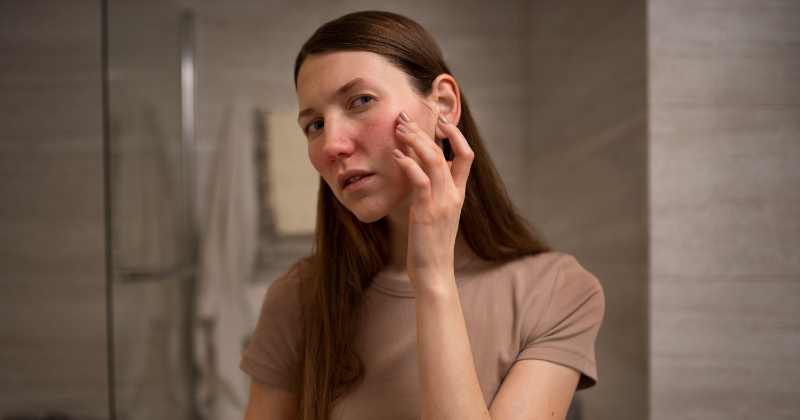 Ženska z opazno rdečico na obrazu (flushing), ki ponazarja tipičen simptom histaminske intolerance po zaužitju določene hrane ali pijače.